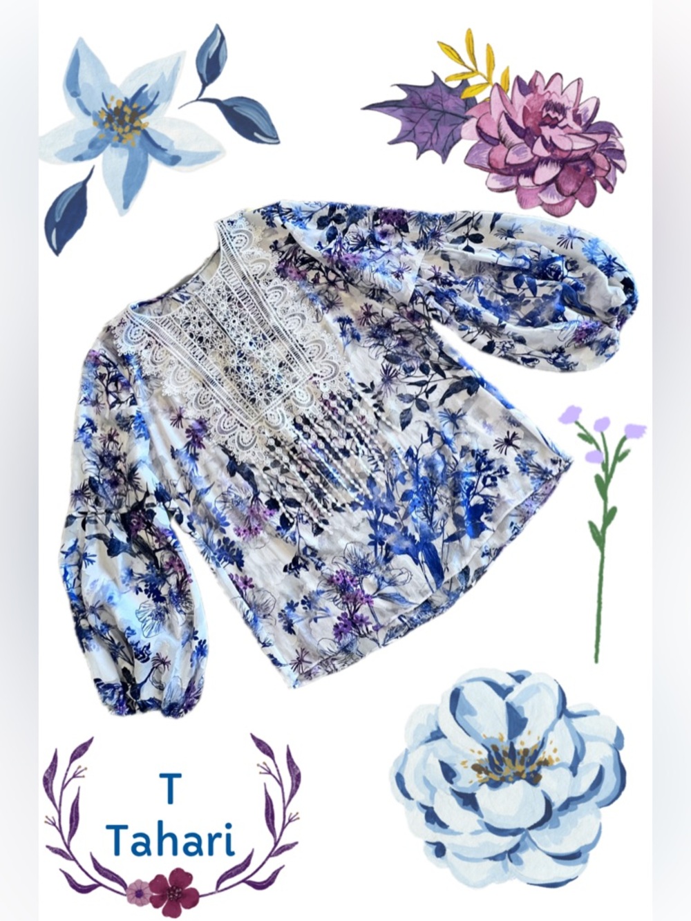Tahari Blue Purple Floral Intricate Lace Fringe Beading Boho Beauty Small